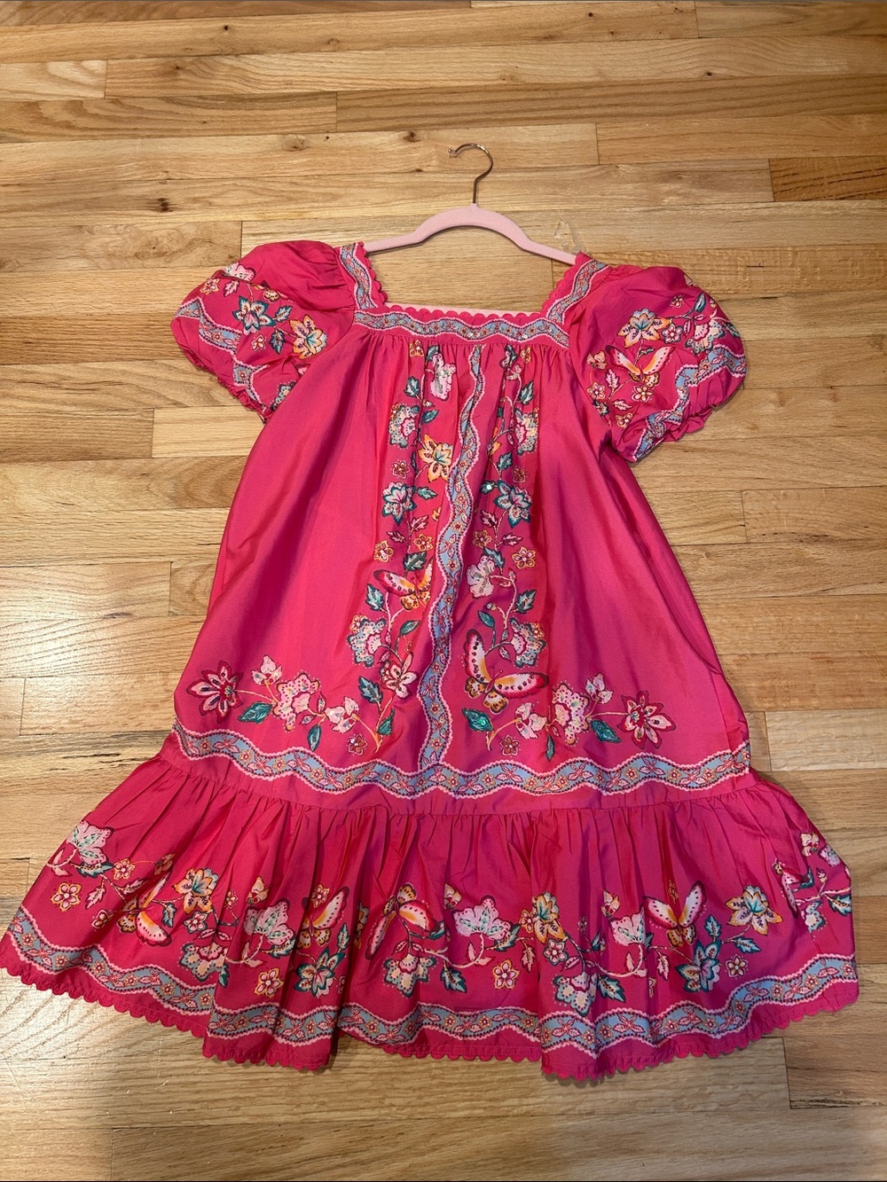 Monsoon Hot Pink Embroidered Floral Puff-Sleeve Dress